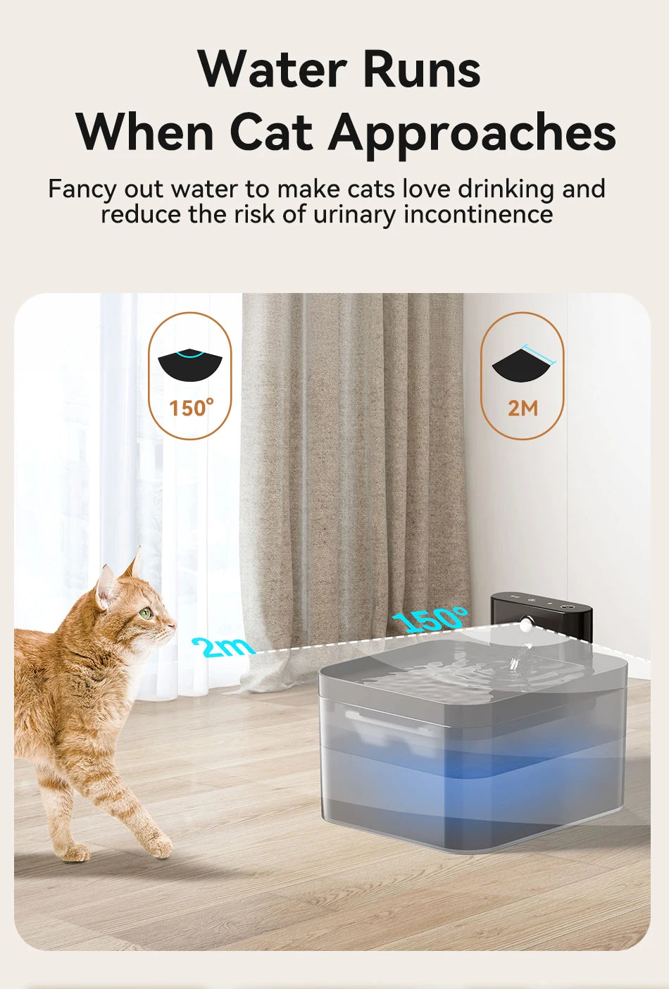 Fuente de agua automática inalámbrica para gatos ROJECO, 2600 mAh, dispensador de agua para mascotas, sensor infrarrojo, bebedero inteligente para mascotas