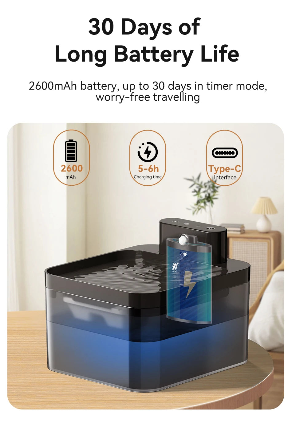 Fuente de agua automática inalámbrica para gatos ROJECO, 2600 mAh, dispensador de agua para mascotas, sensor infrarrojo, bebedero inteligente para mascotas